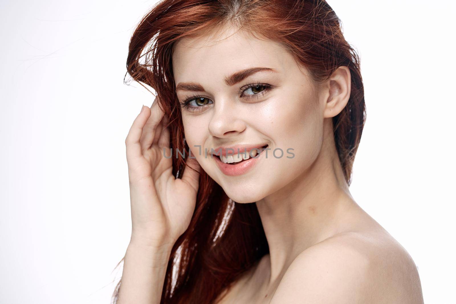 red-haired woman attractive look naked shoulders cosmetics smile by Vichizh