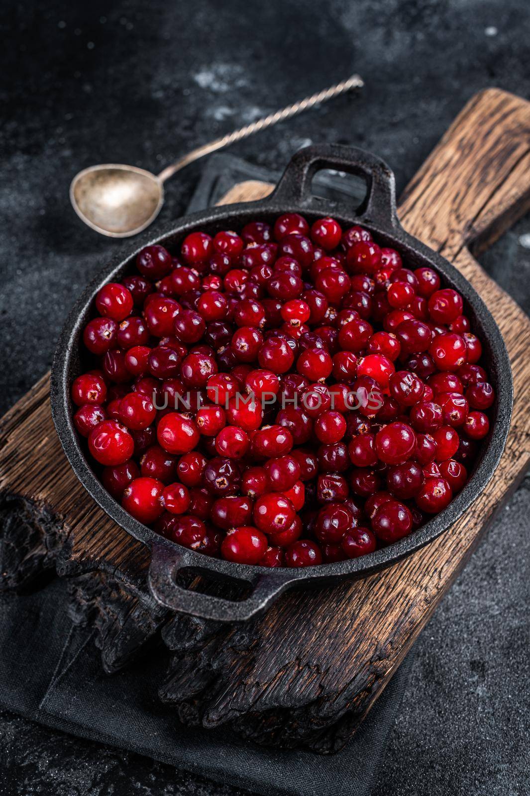 Red fresh Cranberry berry in a pan. Black background. Top view by Composter