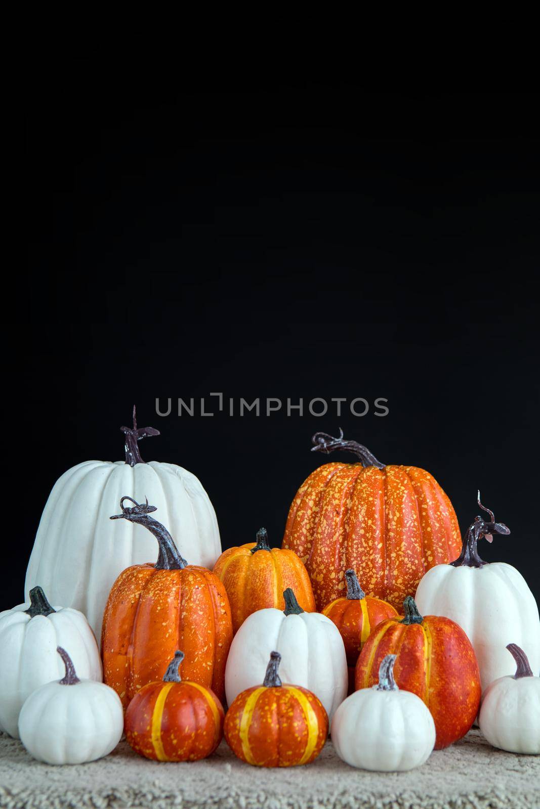 Pumpkins orange and white lie on a black background by Demkat