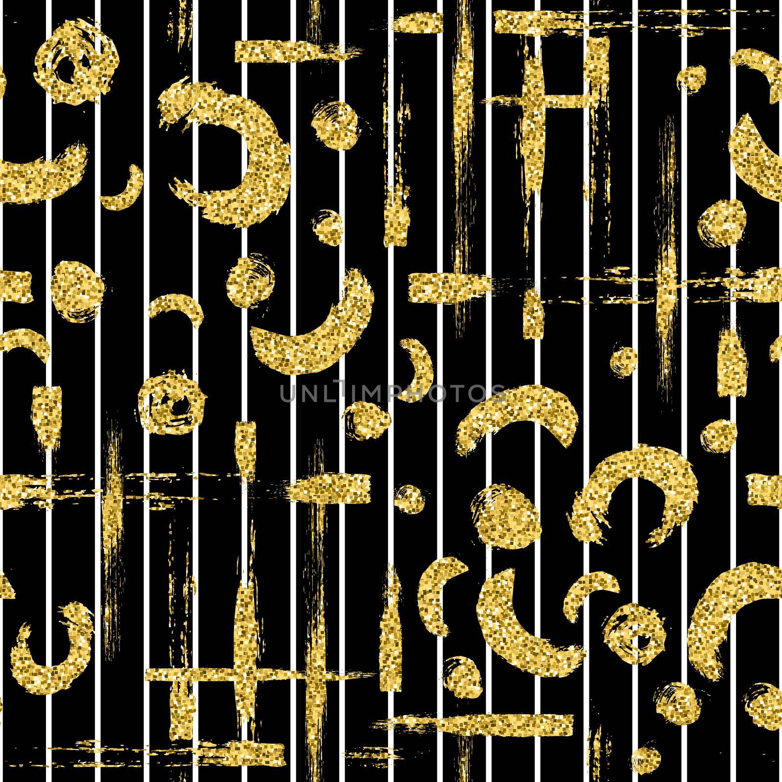 Modern seamless pattern with gold glitter brush stripe, blot and spot. Golden, white color on black background. Hand painted metallic texture. Shiny spark elements. Fashion modern style. Repeat print. by DesignAB