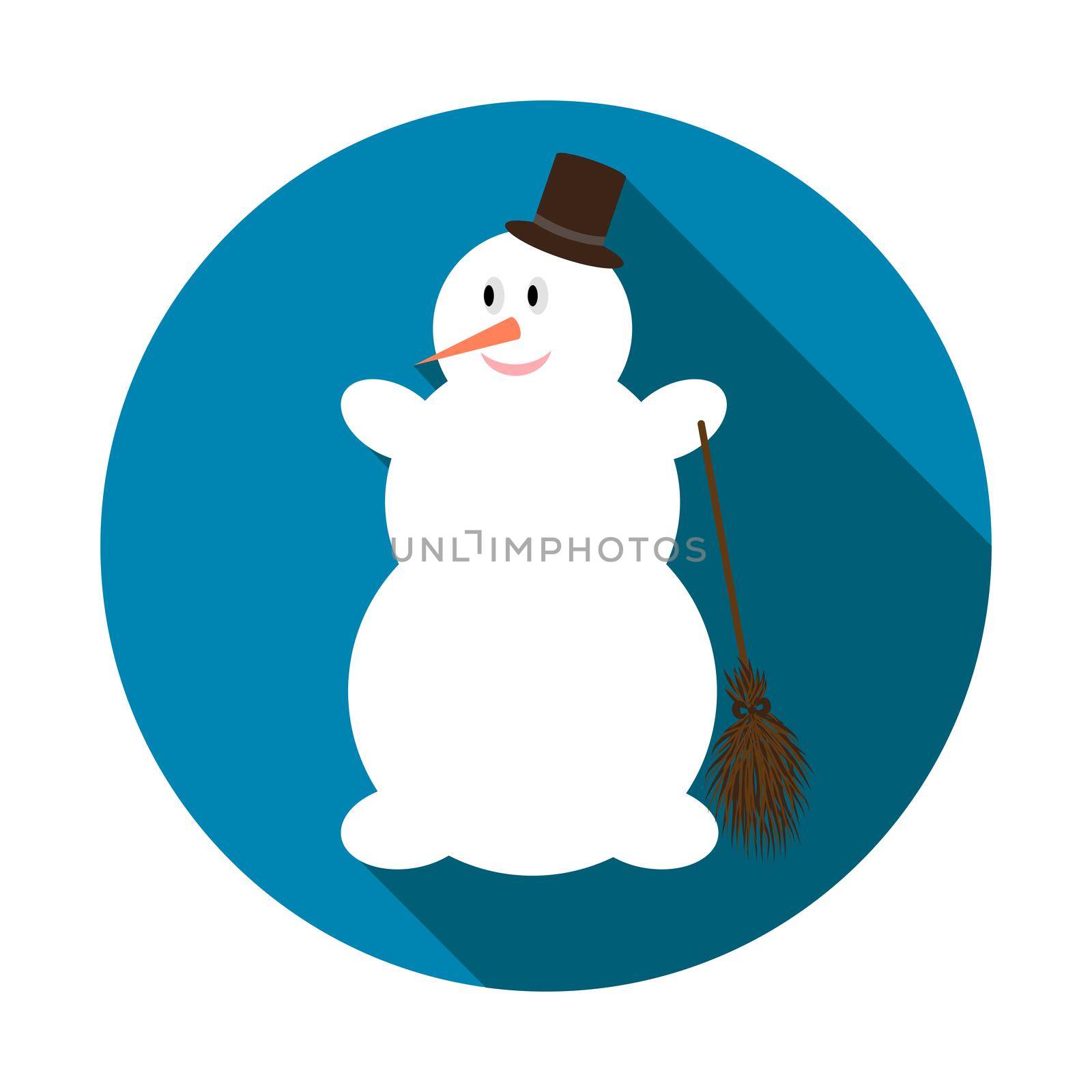 Cute Snowman on blue background with long shadow. illustration for Christmas and New Year card. Flat design. .