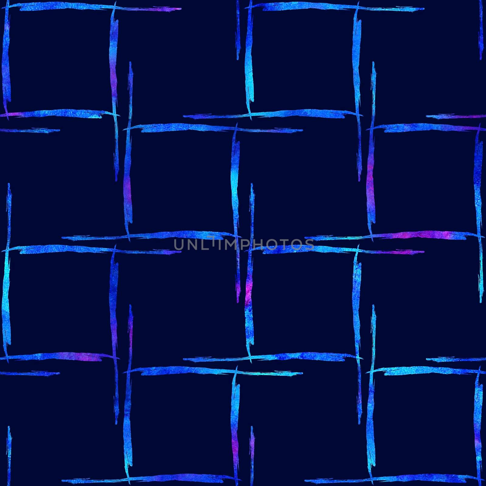 Watercolor Brush Plaid Seamless Pattern Hand Painted Check Grange Geometric Design in Blue Color. Modern Strokes and Stripes by DesignAB