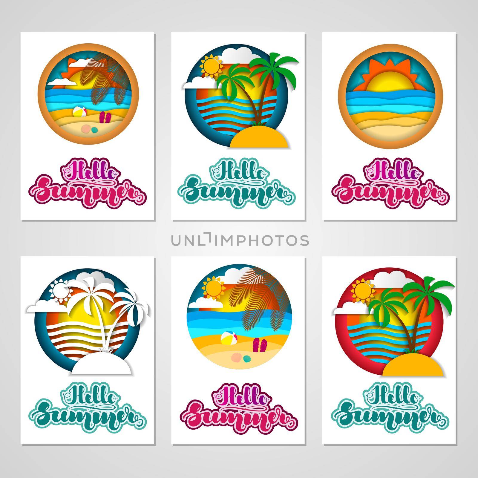 Set of summer cards with summer landscapes and lettering. illustration for cards, banners, posters, flyers, stickers and much more.