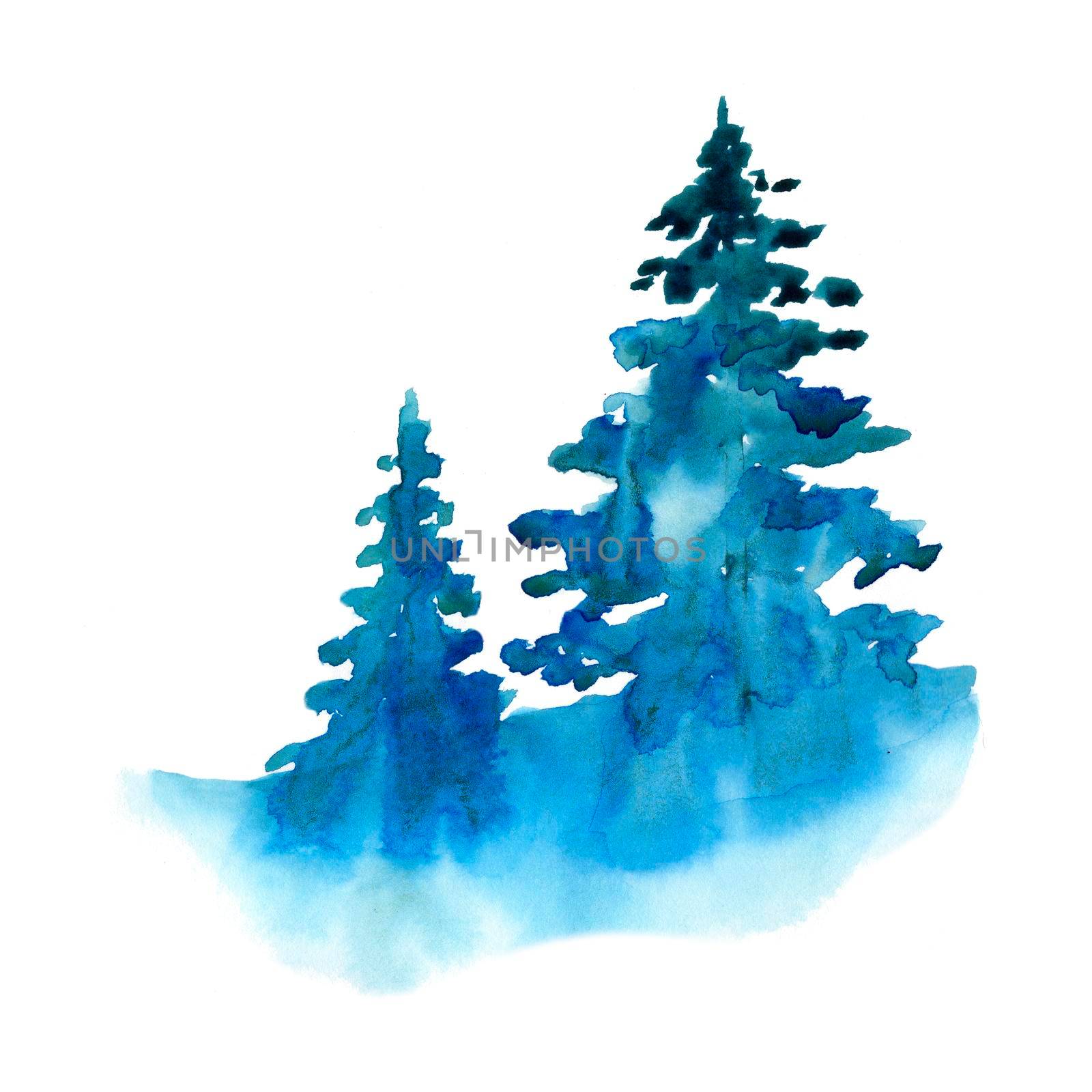 Watercolor winter snow forest isolated on white background. Treescape with pine and fir Illustration landscape for print, texture, wallpaper, greeting card. Blue and green color Beautiful watercolour.
