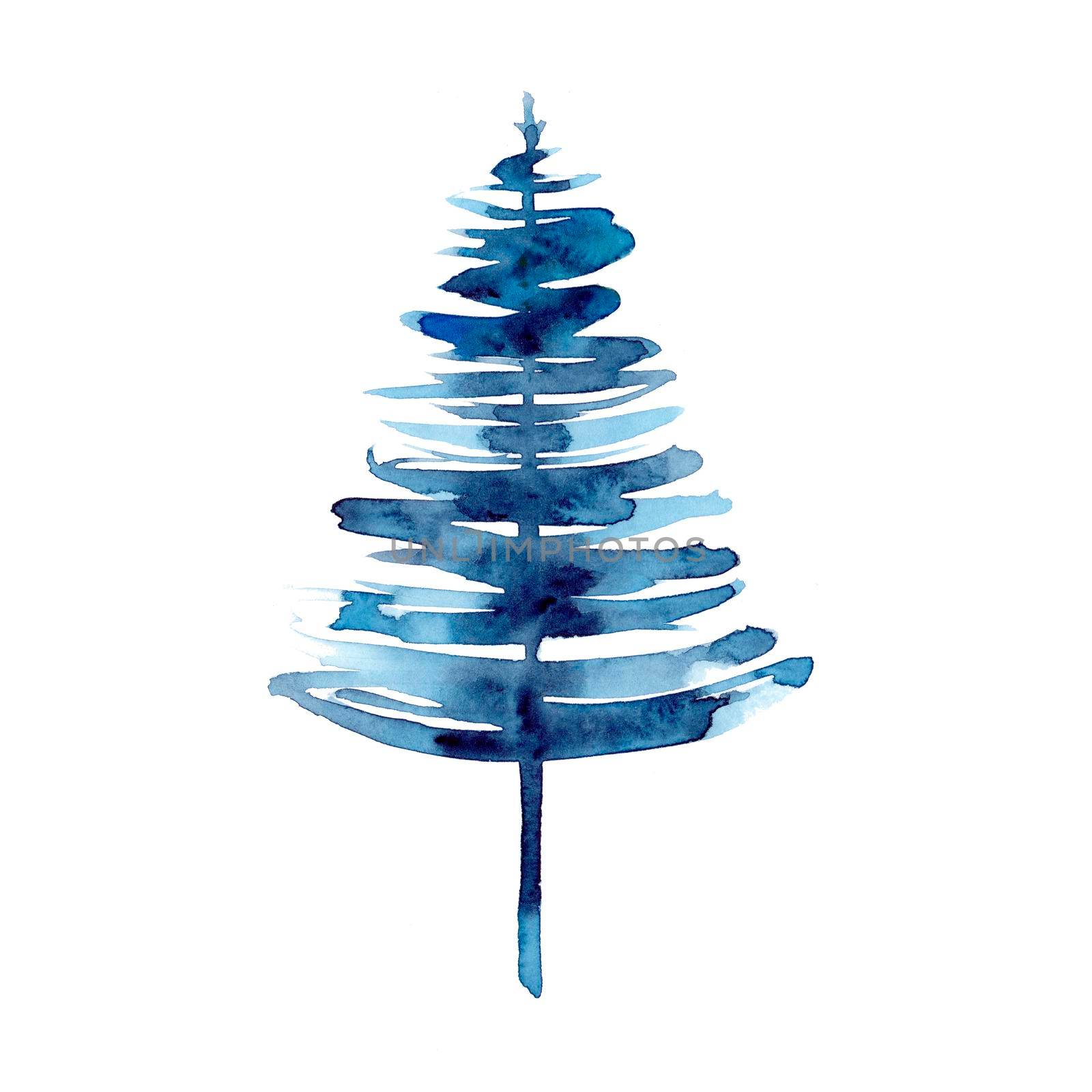 Watercolor winter blue christmas tree isolated on white background. Hand painting Illustration for print, texture, wallpaper or element. Beautiful watercolour art. Minimal style by DesignAB