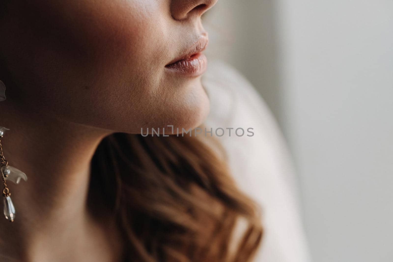 Close-up portrait of a luxurious bride in a wedding dress in the morning in her interior.
