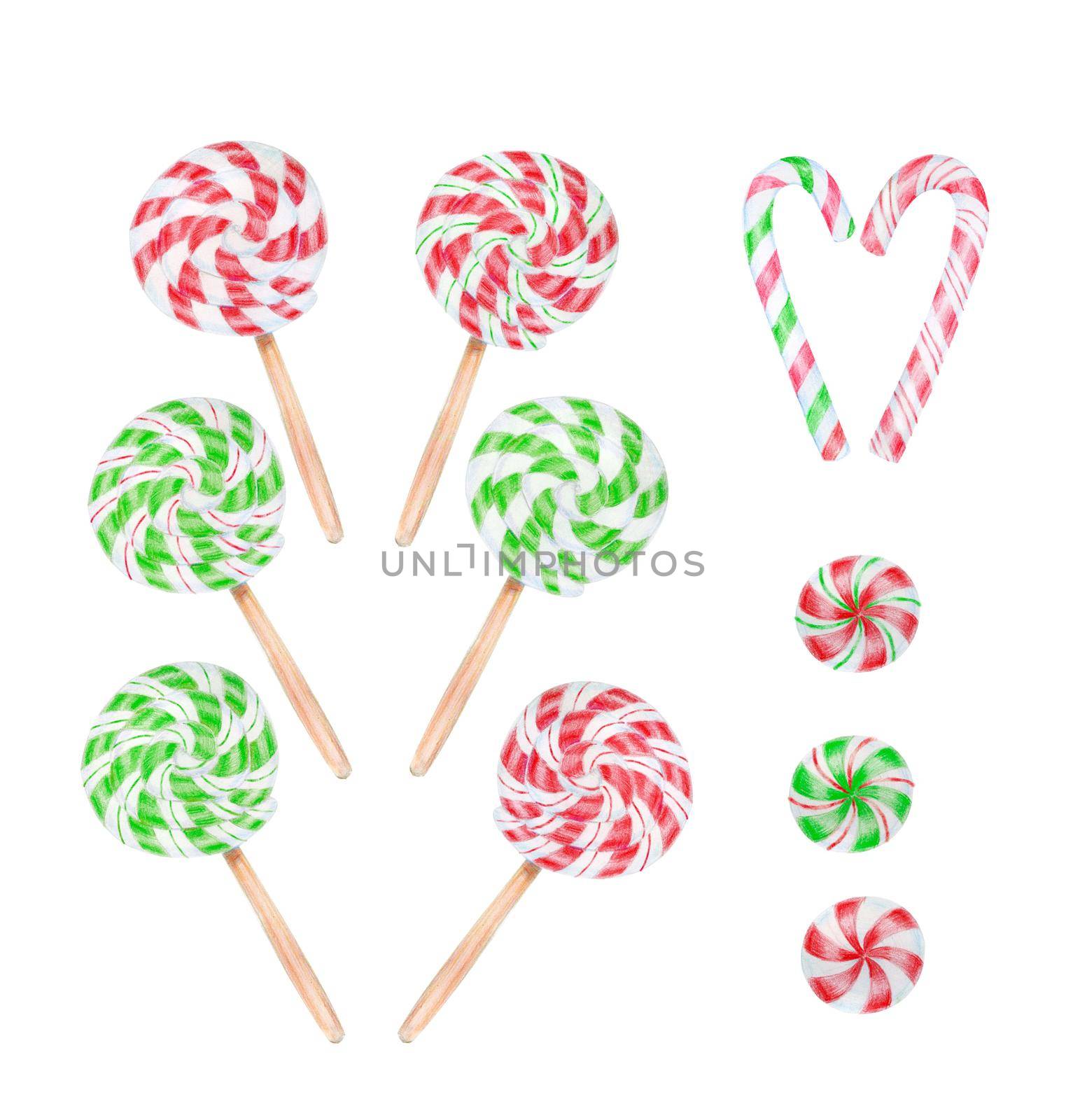 Christmas candy canes and lollipops collection isolated on white, watercolor illustration.