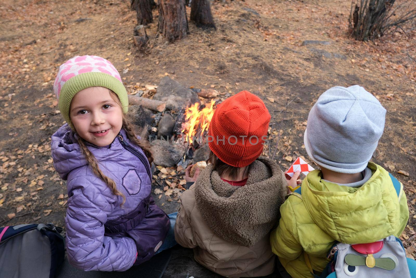 Children near bonfire in autumn woods during camping by Demkat