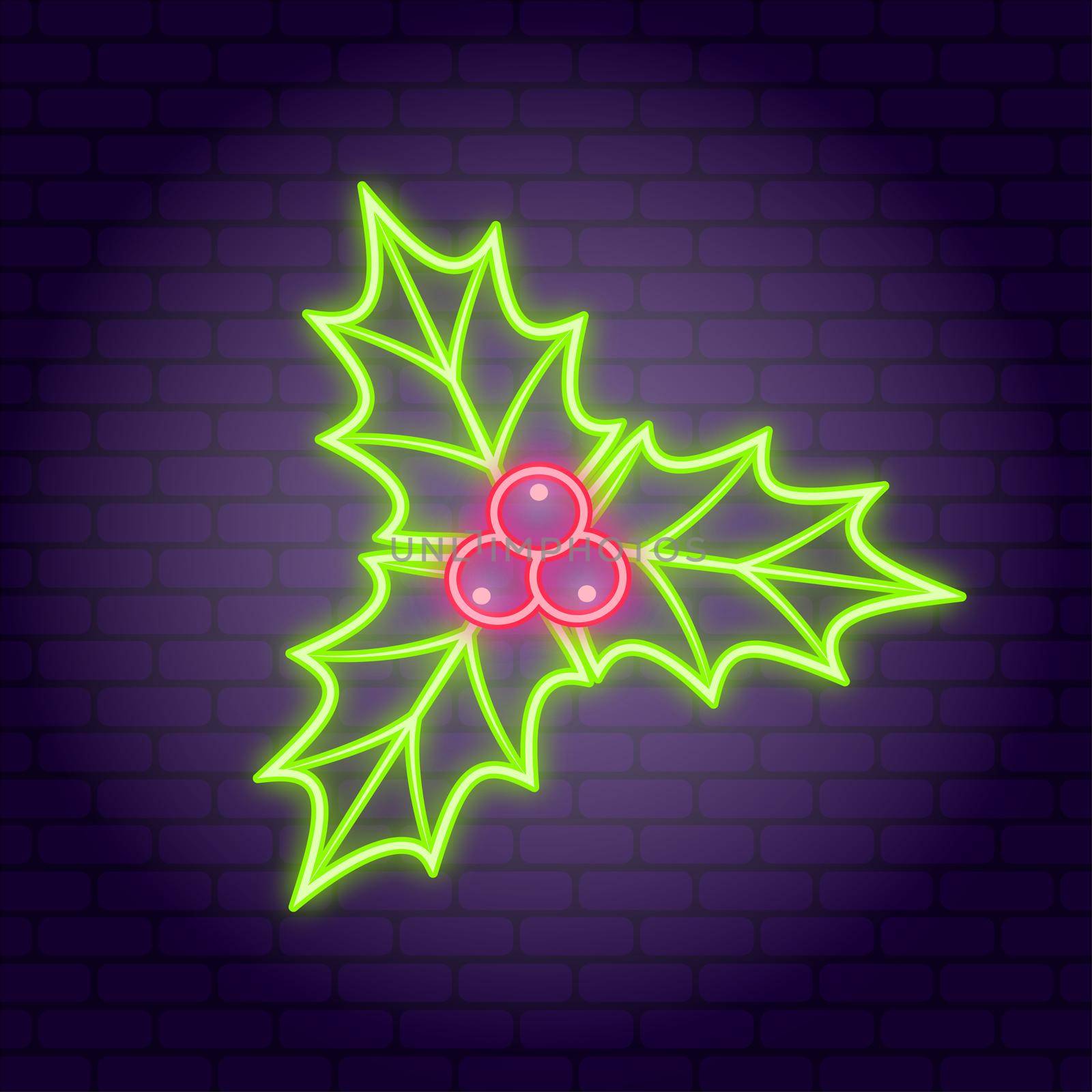 Christmass Holly Berry. Neon illustration on dark brick wall background by Marin4ik