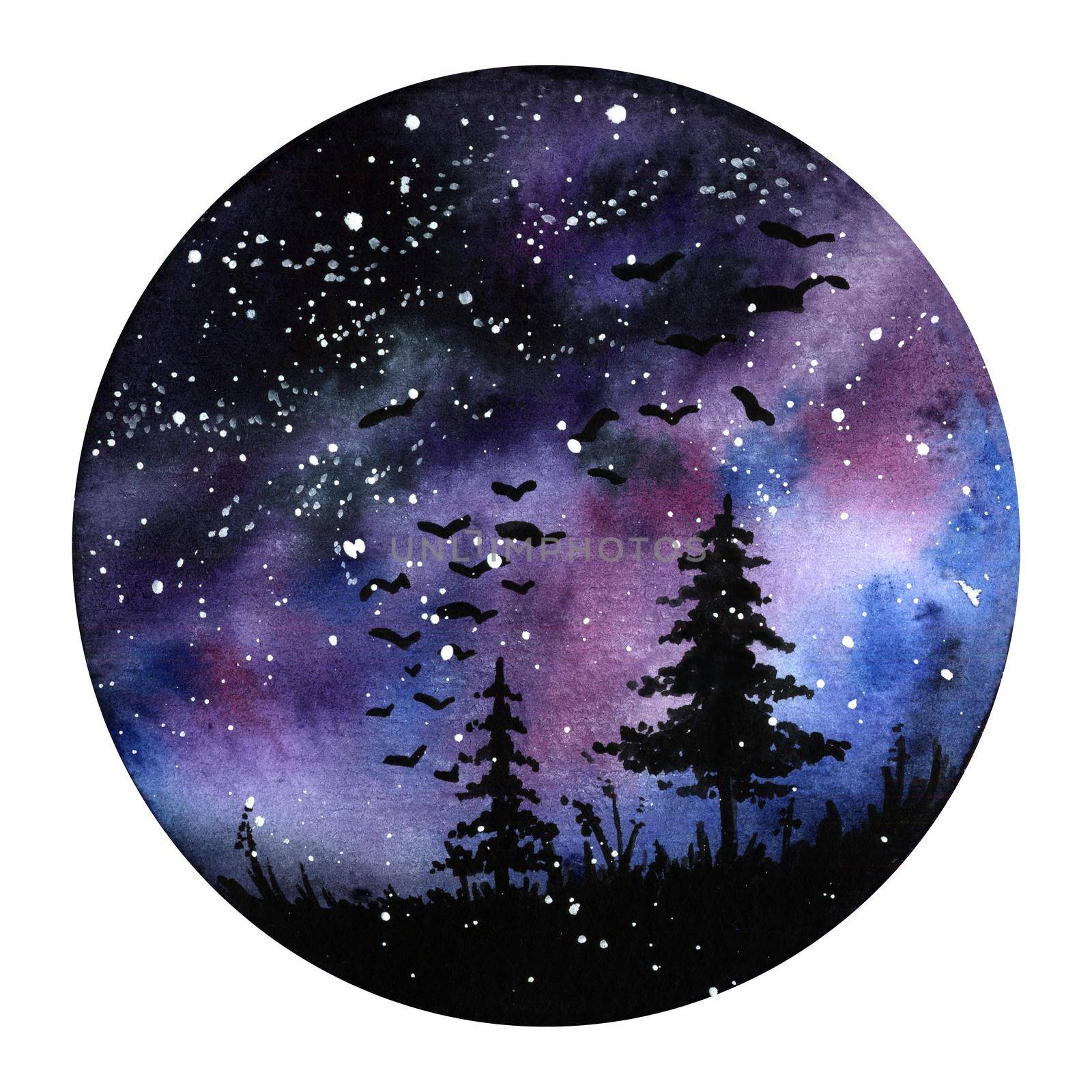 Watercolour painting Northern lights space landscape. Violet, black and blue colors. Modern new round illustration with galaxy trees. Art watercolor drawing background, artistic texture. Tree paint. by DesignAB
