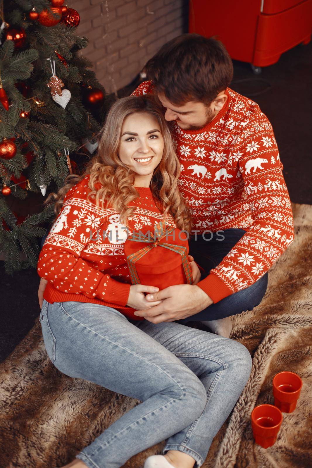 People in a Christman decorations. Man and woman in a red sweater. Family at home.