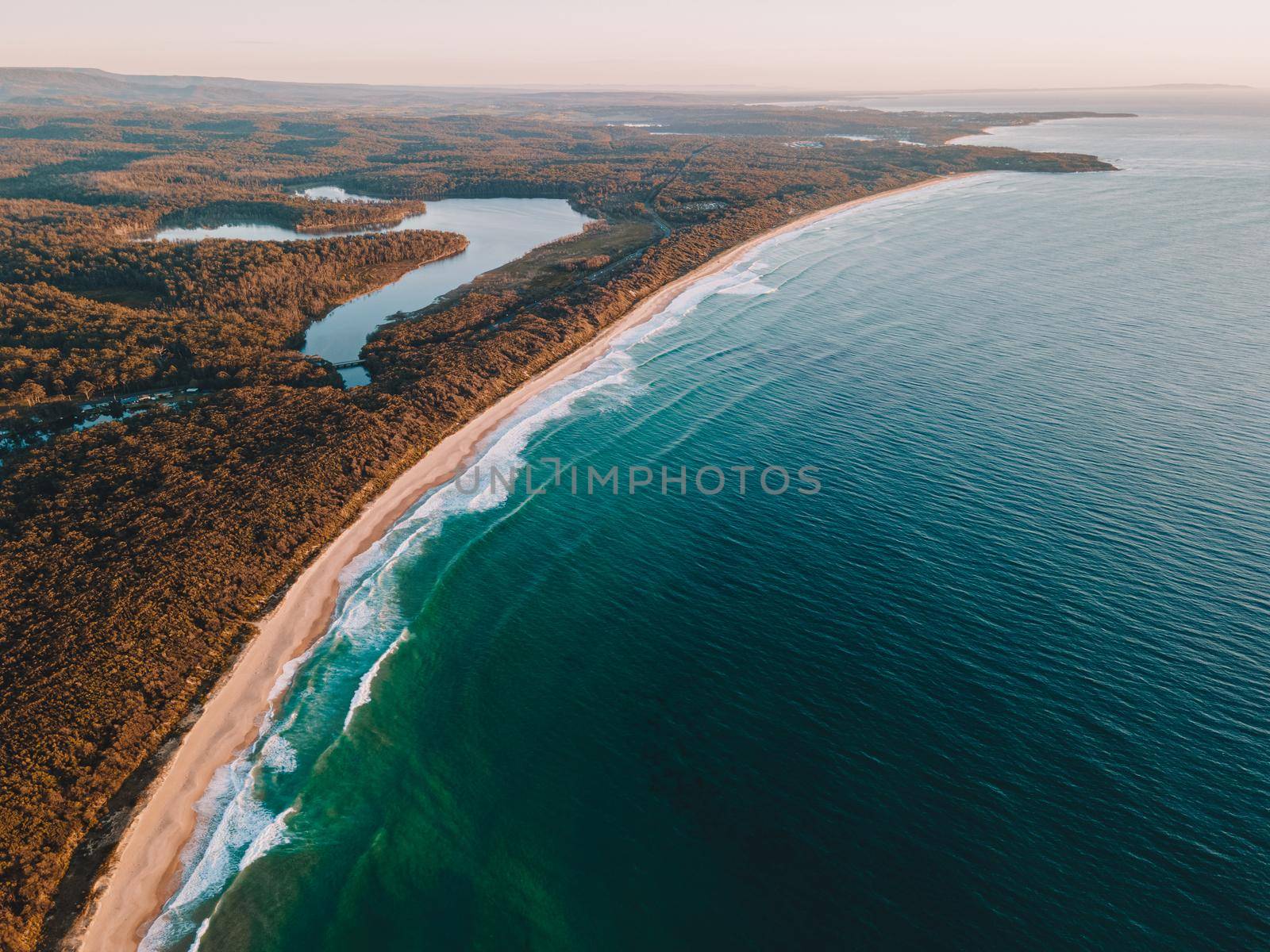Aerial Photo of beach, Lake Tabourie beach, Australia by braydenstanfordphoto