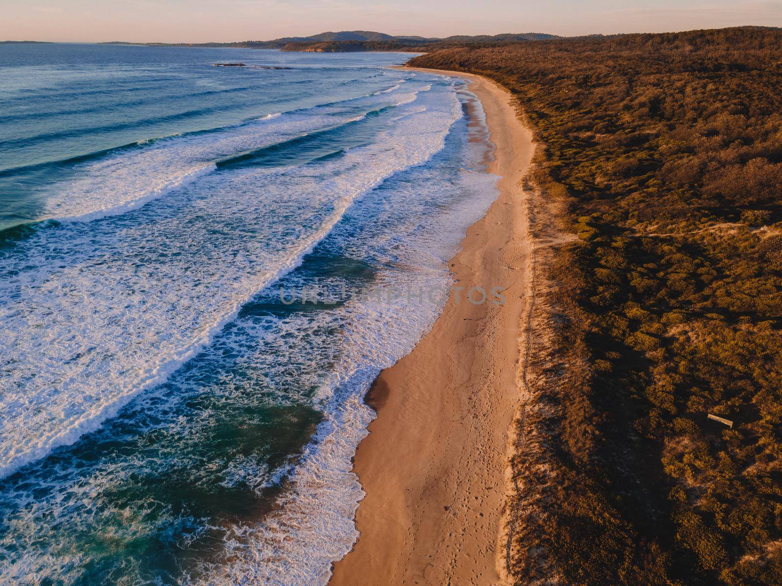 Aerial Photo of beach, Lake Tabourie beach, Australia by braydenstanfordphoto