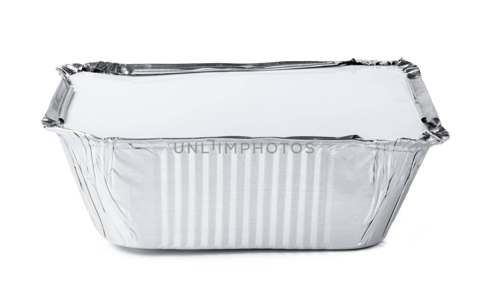 Packed foil food boxes on white background, copy space, close up