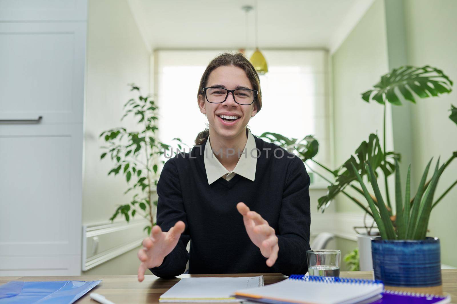 Student teenager talking looking at camera using video communication by VH-studio