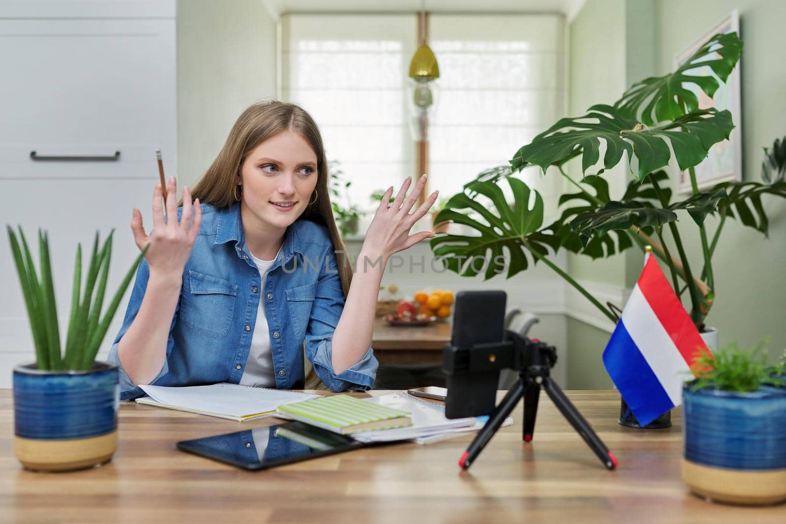 Young female university student sitting at home studying online, looking at smartphone webcam. On table flag of Netherlands, education in Holland, e-education, e-learning, technology, knowledge