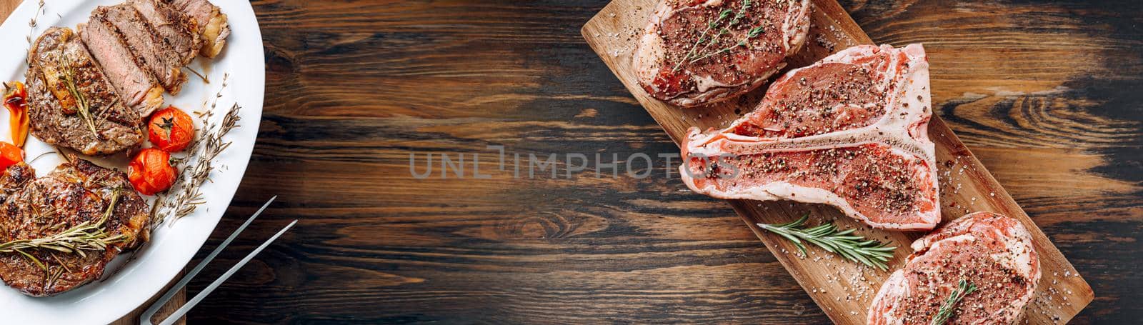 banner with steaks raw on the left and fried on the right with space for text in the middle. concept of delicious and expensive steaks