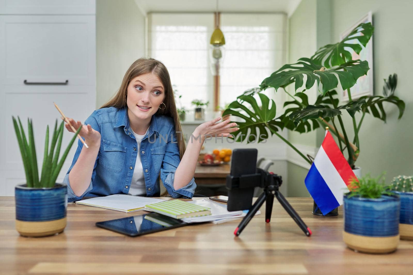 Female student sitting at home studying online, looking at smartphone webcam by VH-studio