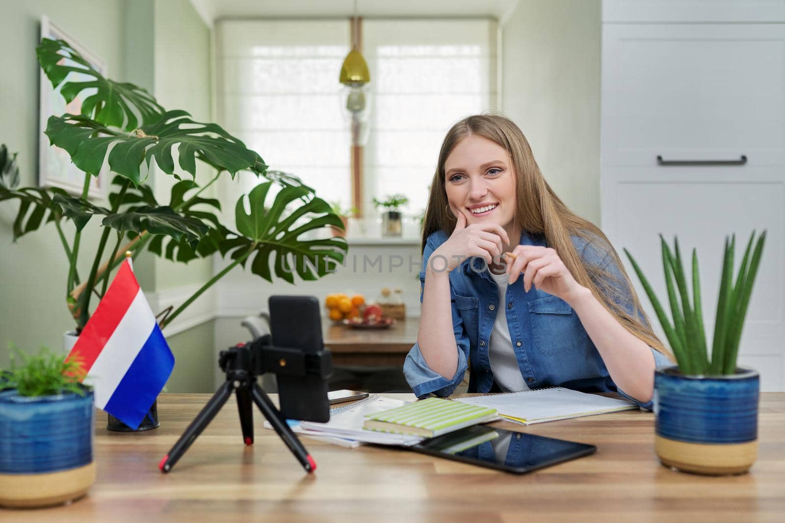 Female student sitting at home studying online, looking at smartphone webcam by VH-studio