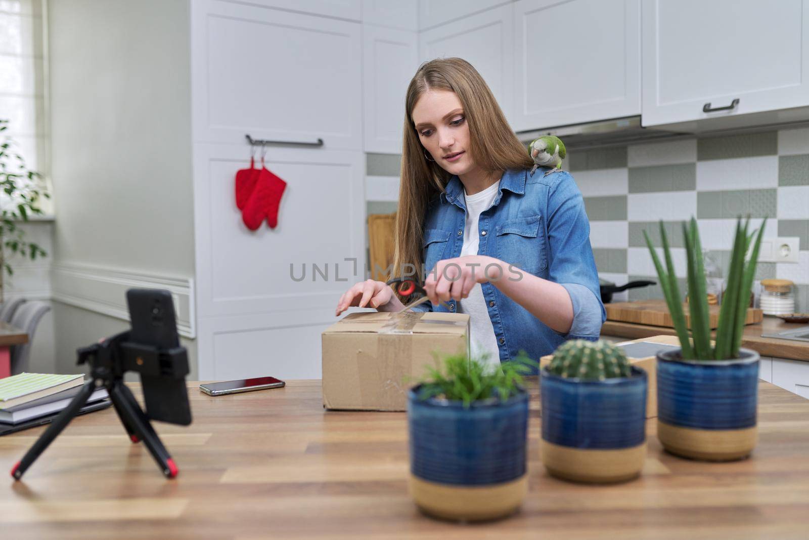 Woman recording video on smartphone unpacking cardboard box. Pet parrot helping to unpack by VH-studio