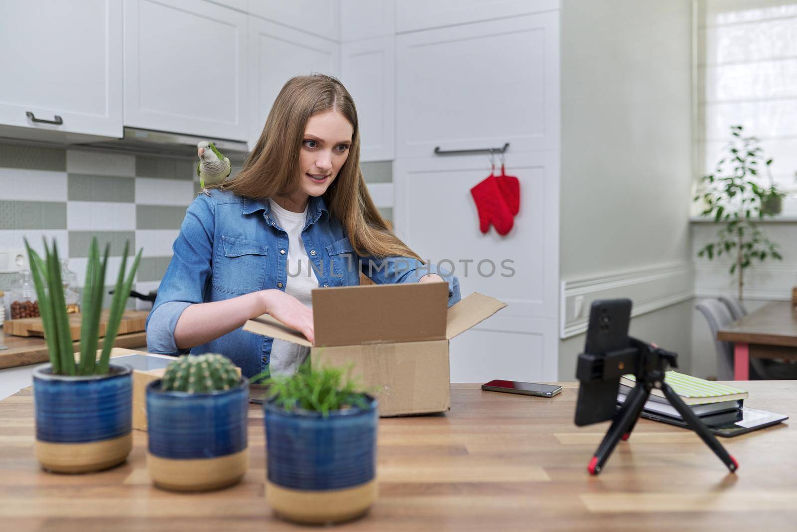 Woman recording video on smartphone moment of unpacking cardboard box. Showing purchases ordered on Internet, product quality reviews with followers, blog content, feedback. Pet parrot helping unpack