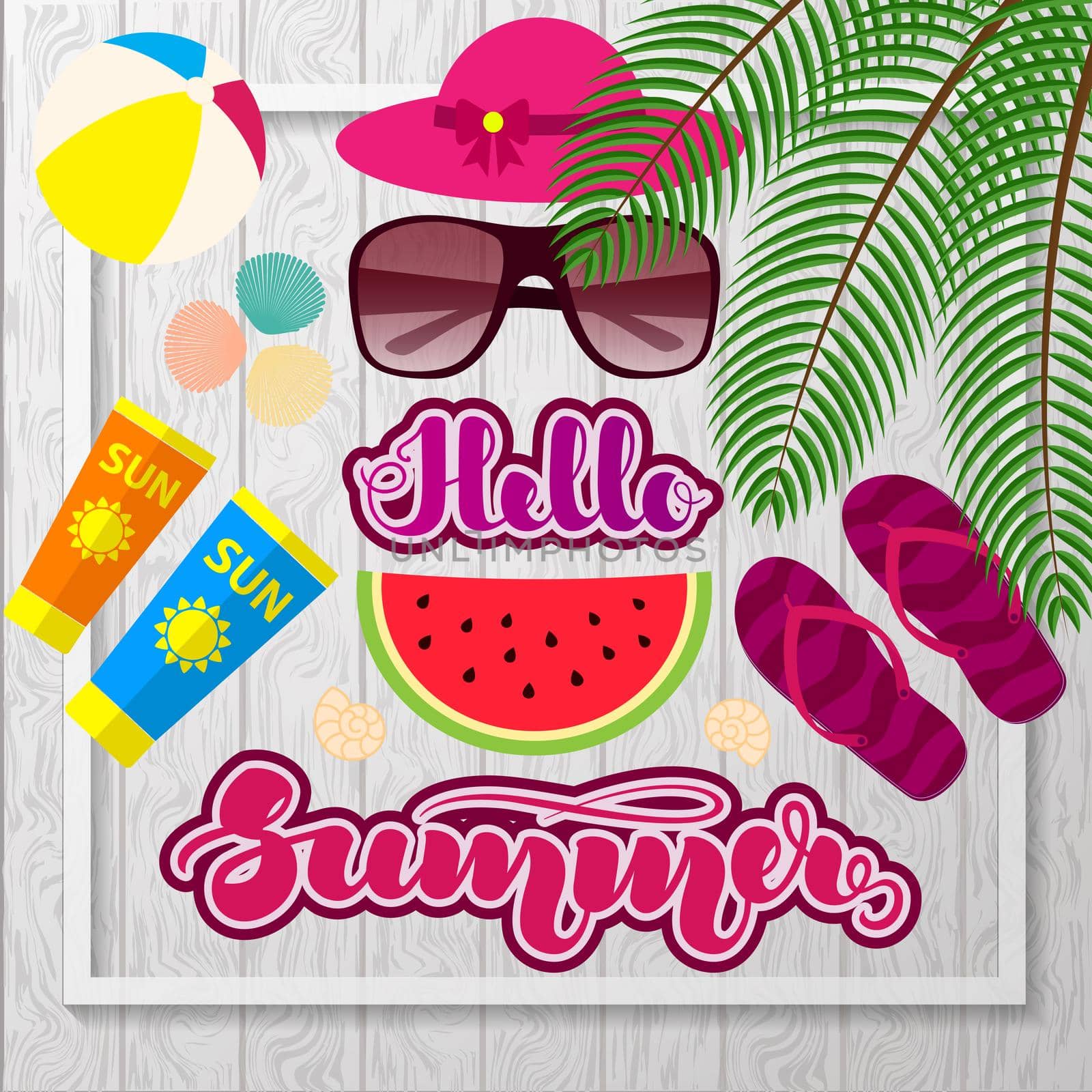 Hand lettering Hello Summer and beach accessories on gray wooden background. Template for posters, cards and other items. illustration. by Marin4ik