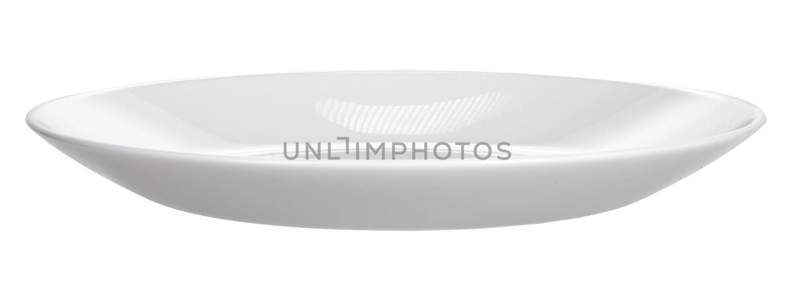 White ceramic plate isolated on white background. Close up.