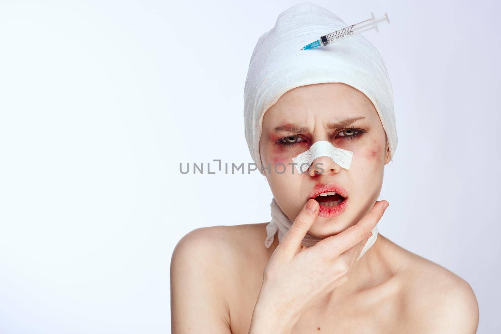 female patient health problem injury face injection isolated background. High quality photo