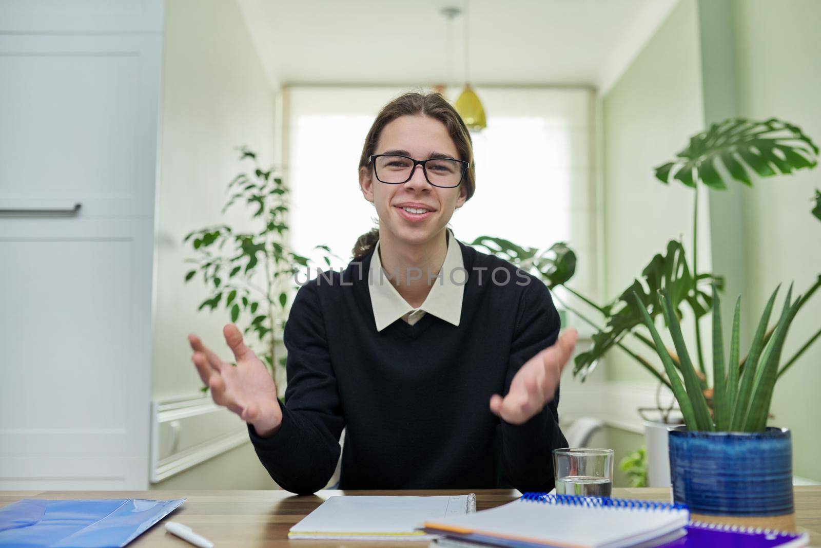 Student teenager talking looking at camera using video communication by VH-studio