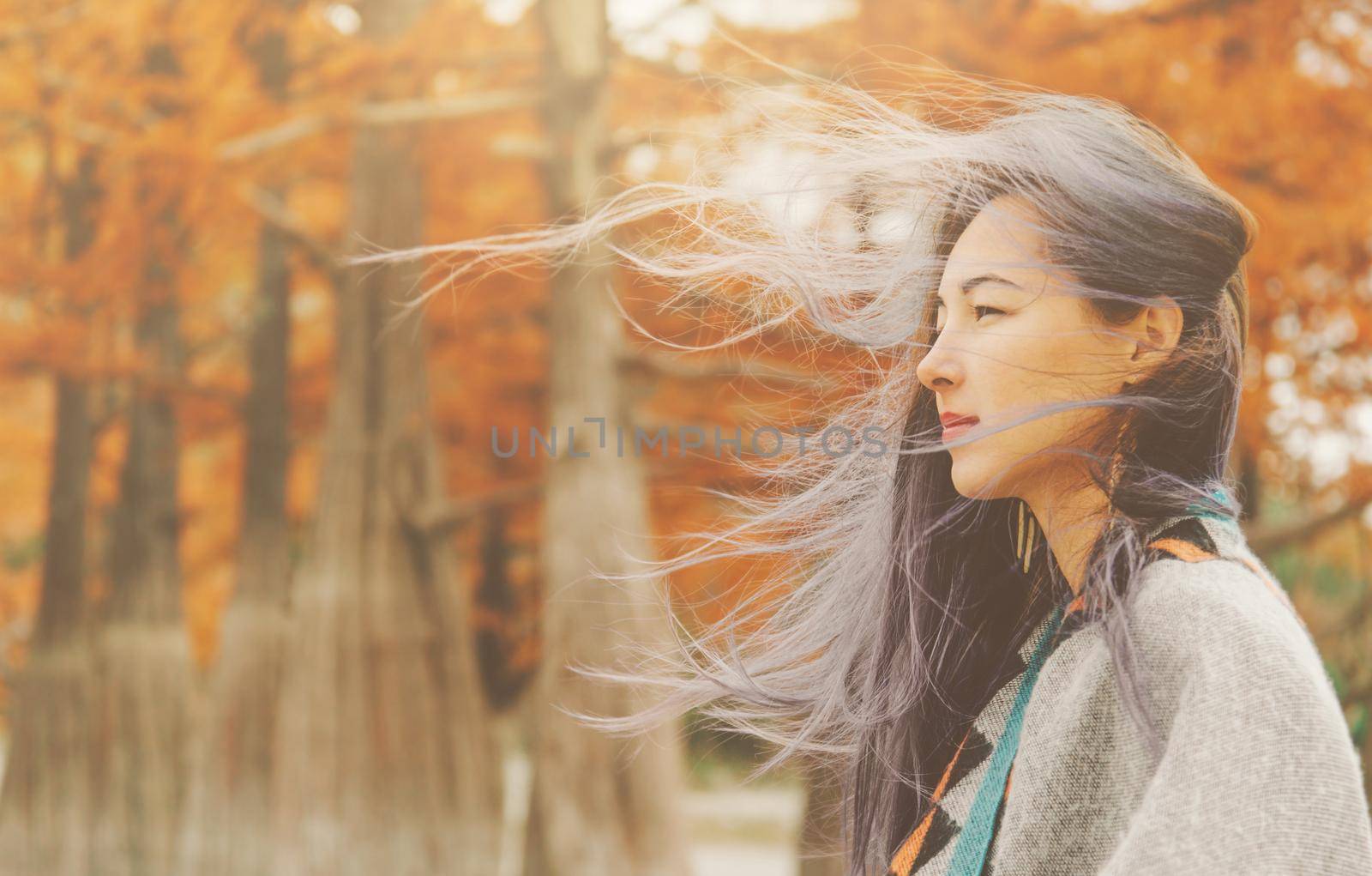 Portrait of beautiful young woman in windy weather on background of autumn trees.