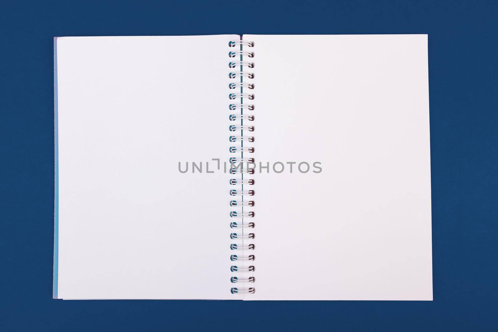 Blank open notebook on classic blue background top view. Close up.
