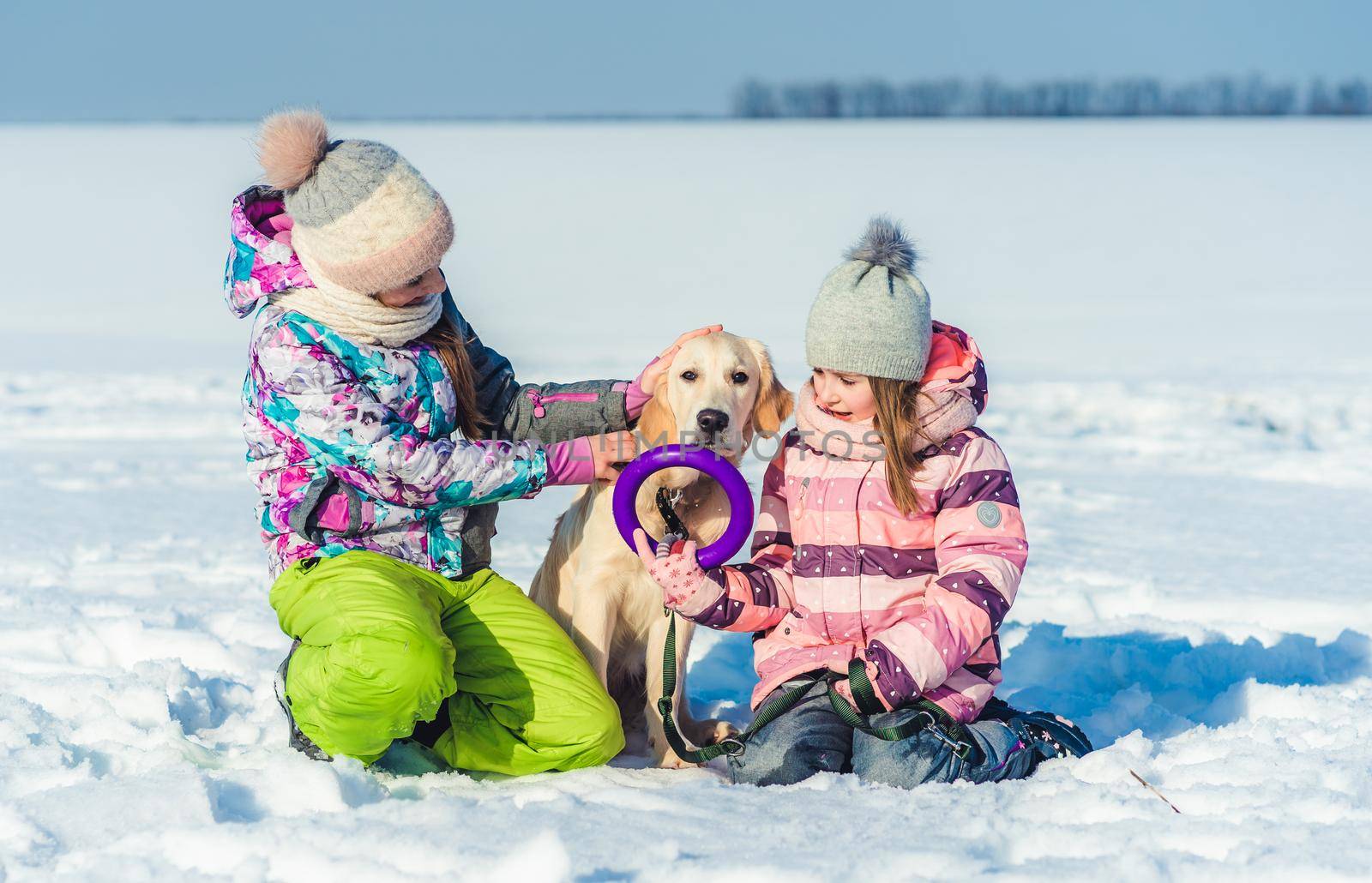 Cute sisters hugging lovely dog on sunny winter day