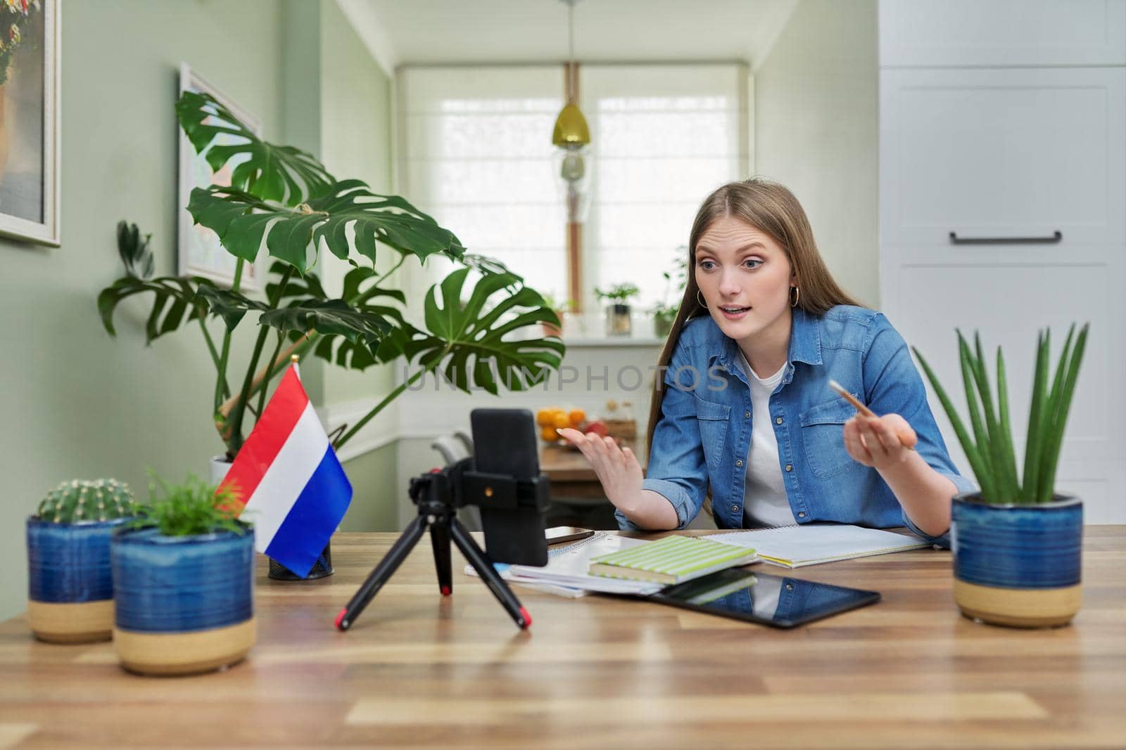 Young female university student sitting at home studying online, looking at smartphone webcam. On table flag of Netherlands, education in Holland, e-education, e-learning, technology, knowledge