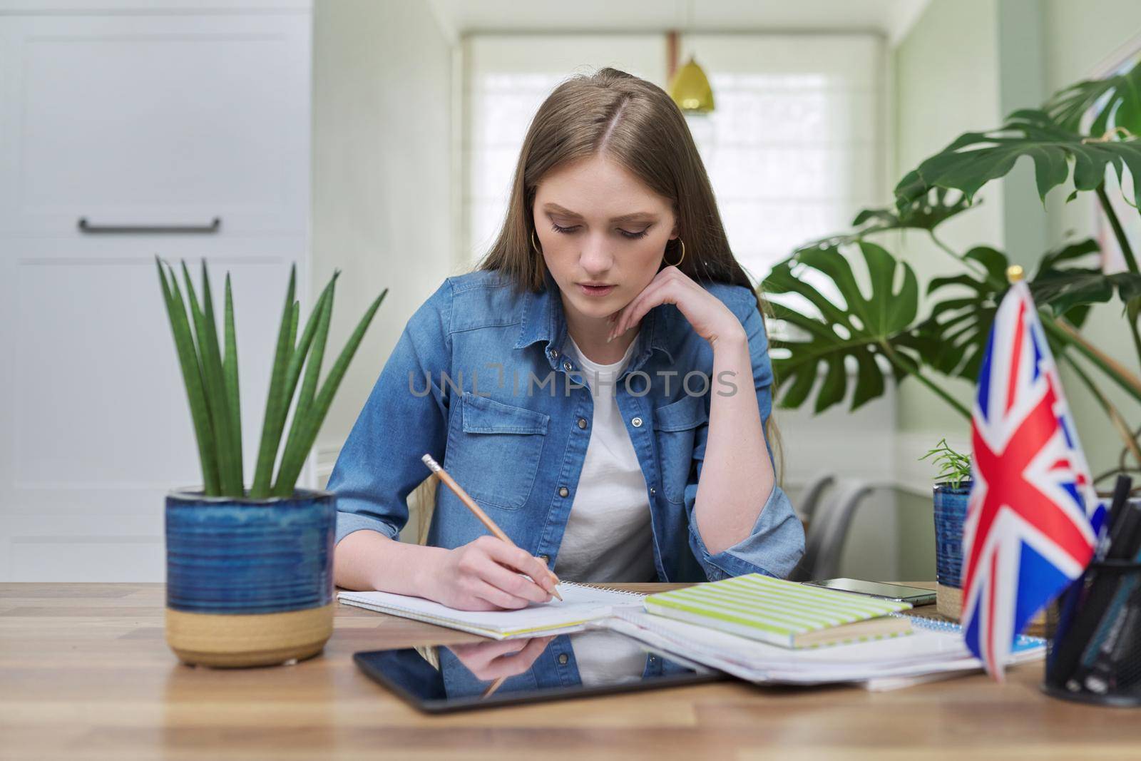 UK learning English online. Female student remotely looking at webcam taking private lessons sitting at home in kitchen, England flag background