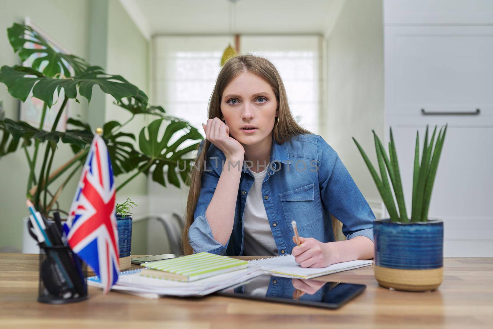 UK learning English online. Female student remotely looking at webcam taking private lessons sitting at home in kitchen, England flag background