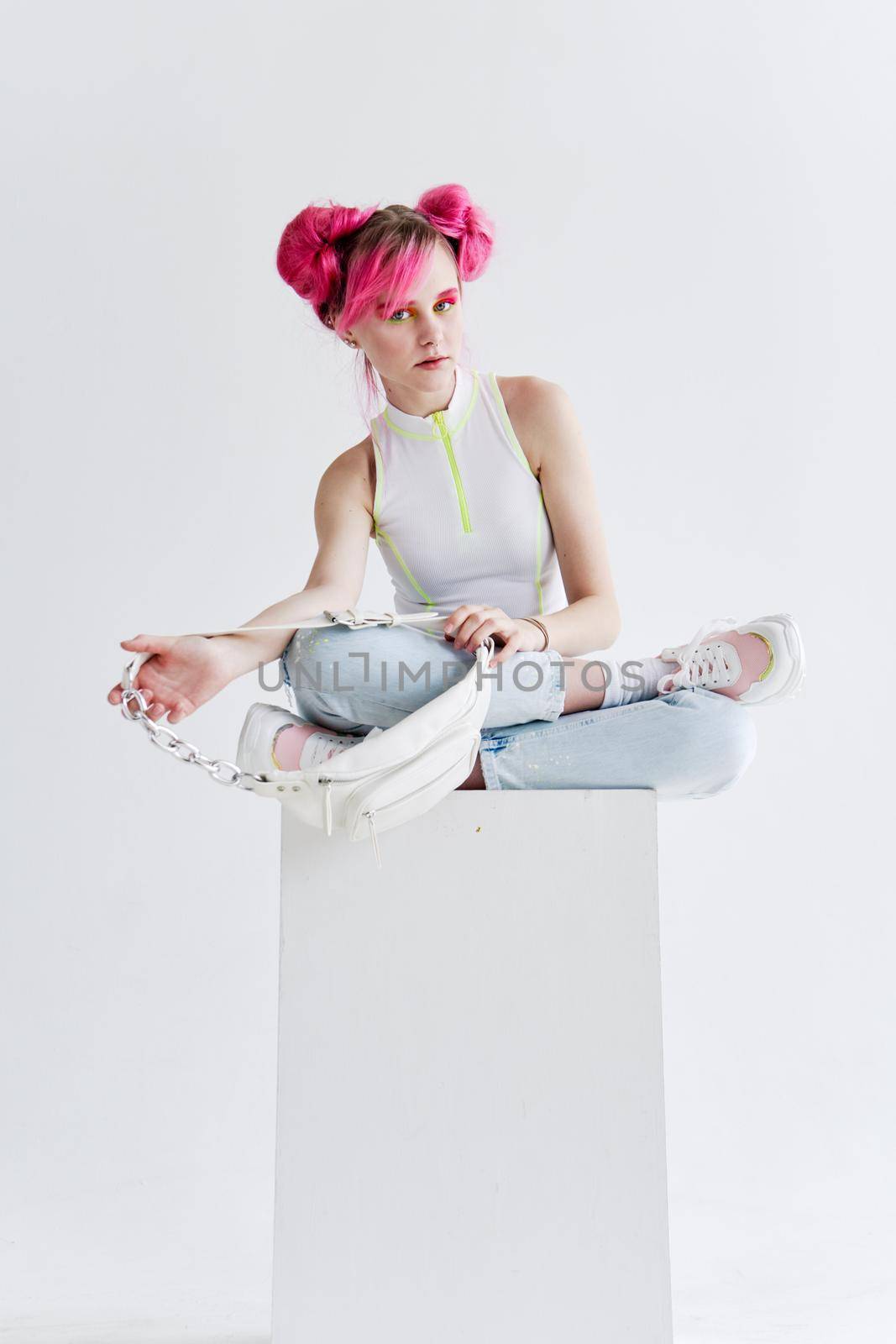 pretty woman pink hair fashion clothes posing fun by Vichizh