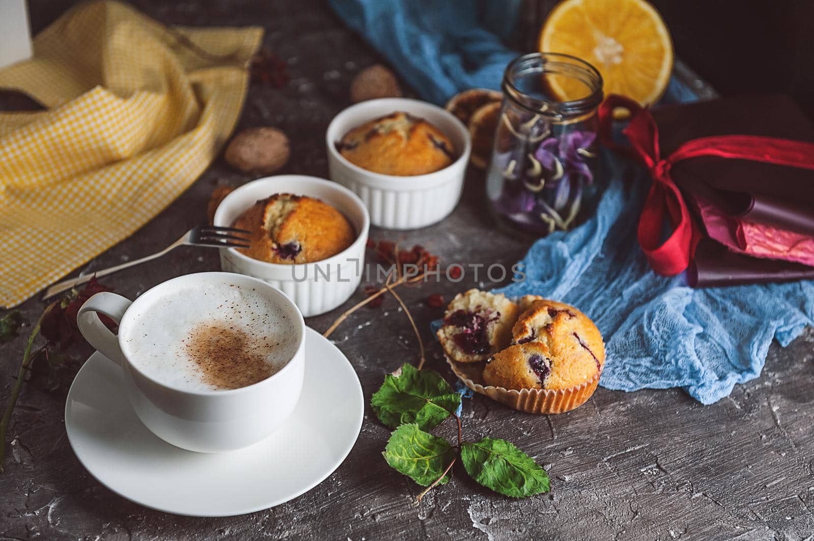 spring breakfast with muffins in rustic style