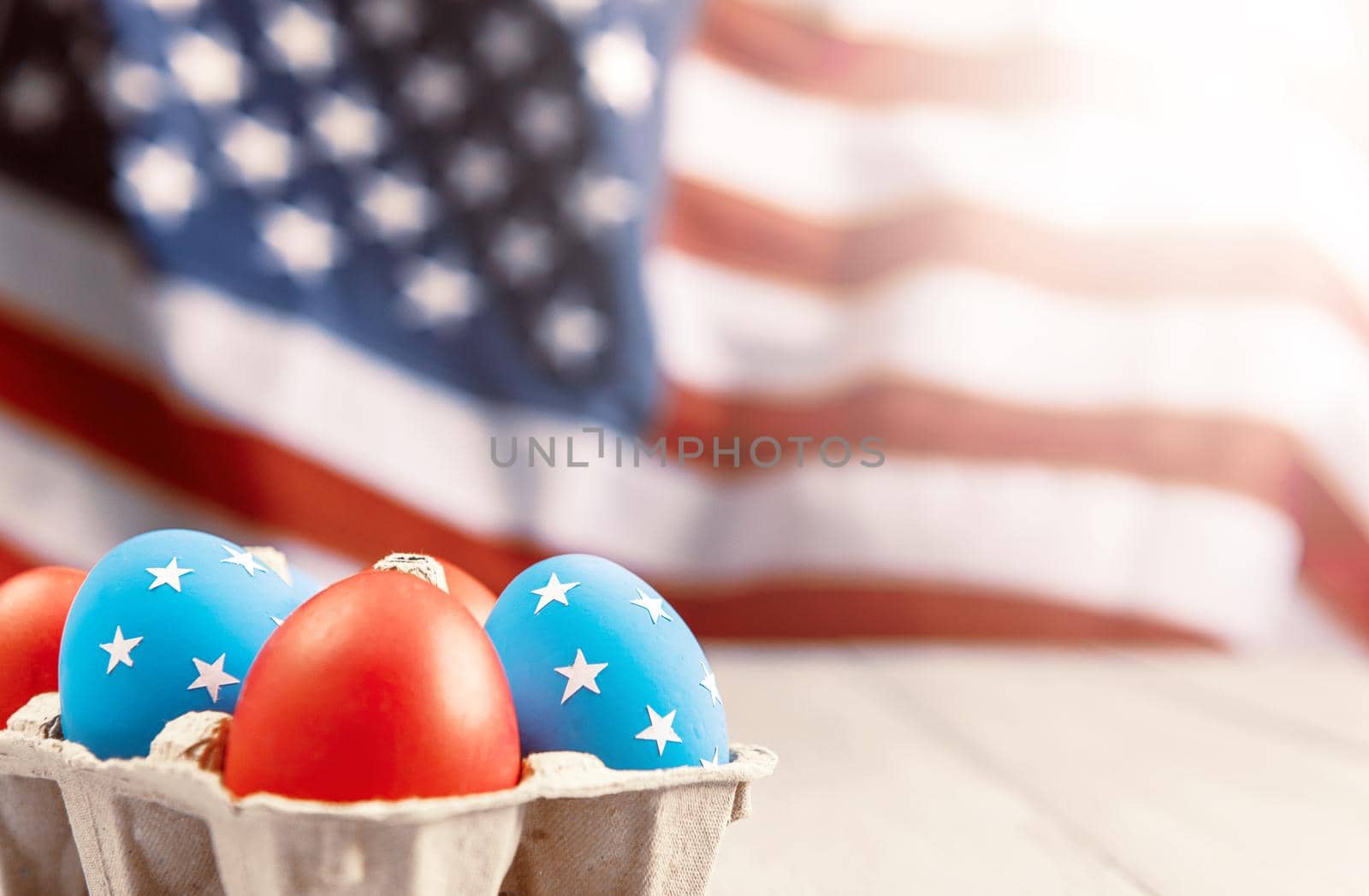 american easter concept. Easter eggs painted in the style of the American flag.