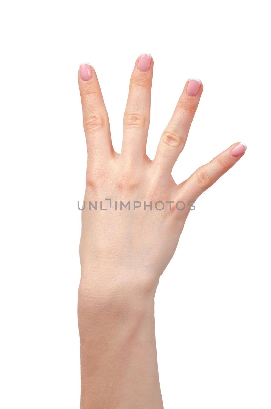 Female hand showing four fingers isolated on white background