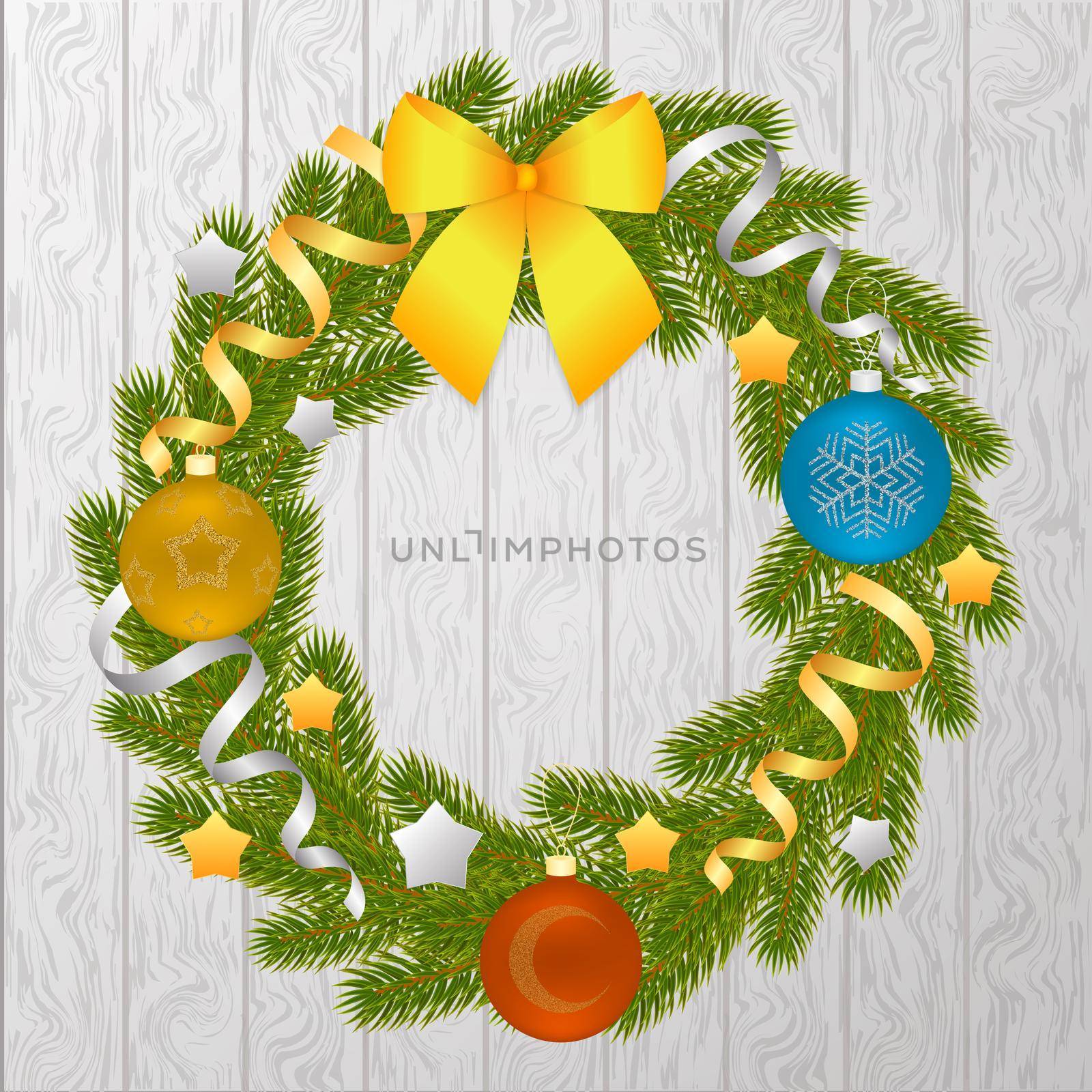 Christmas wreath of branches of spruce or pine on wooden background. Christmas decorations. Christmas tree. illustration isolated on white background by Marin4ik