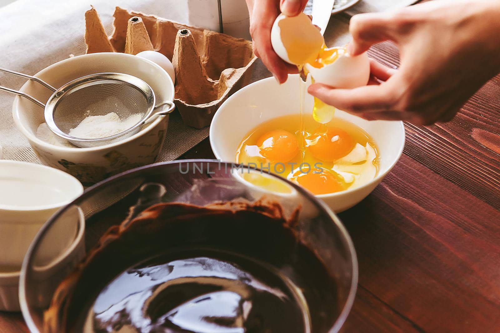 Step by step the chef prepares a dessert - chocolate fondant. Classic recipe. by vvmich