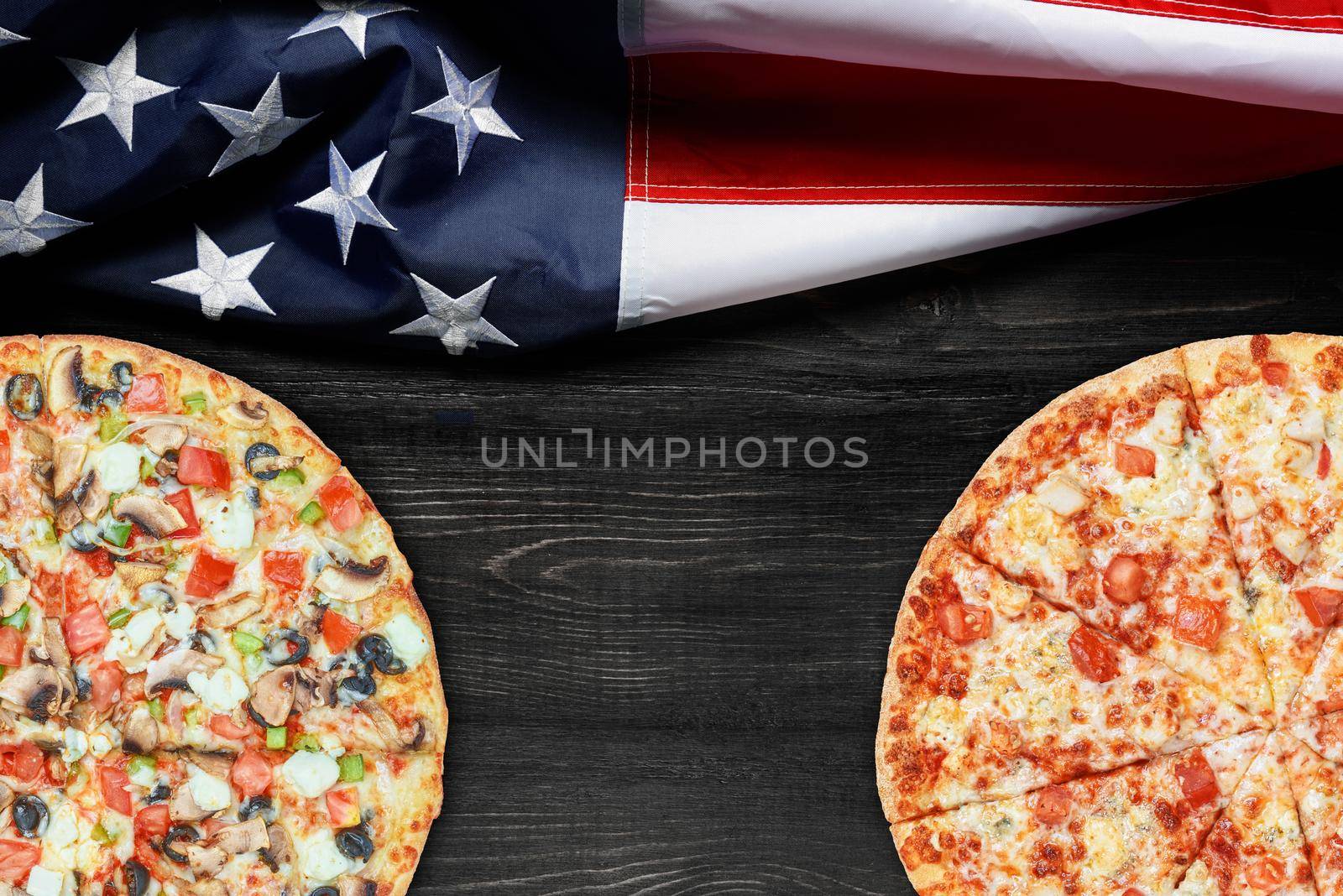 American flag and pizza with place for text