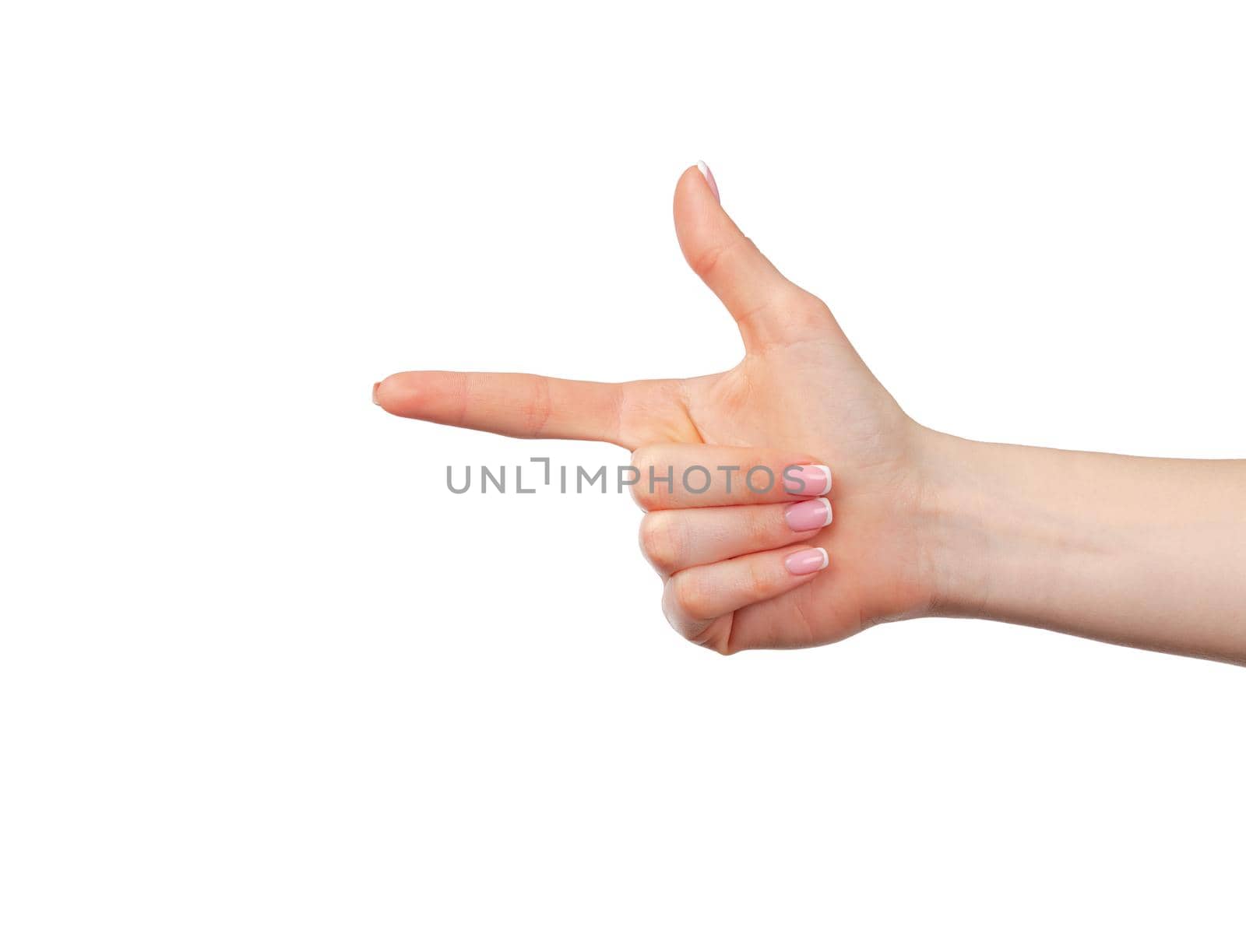 Female hand pointing to the left with her finger isolated on white