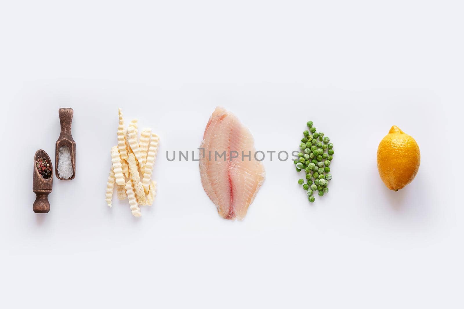 set of ingredients for the preparation of the classic English dish fish and chips