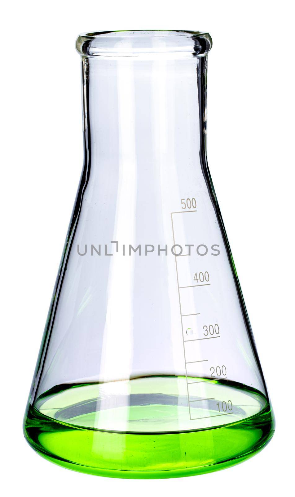 Glassware with liquids for laboratory analysis isolated on white, close up