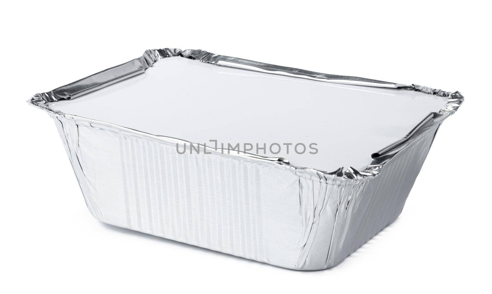 Packed foil food boxes on white background, copy space, close up