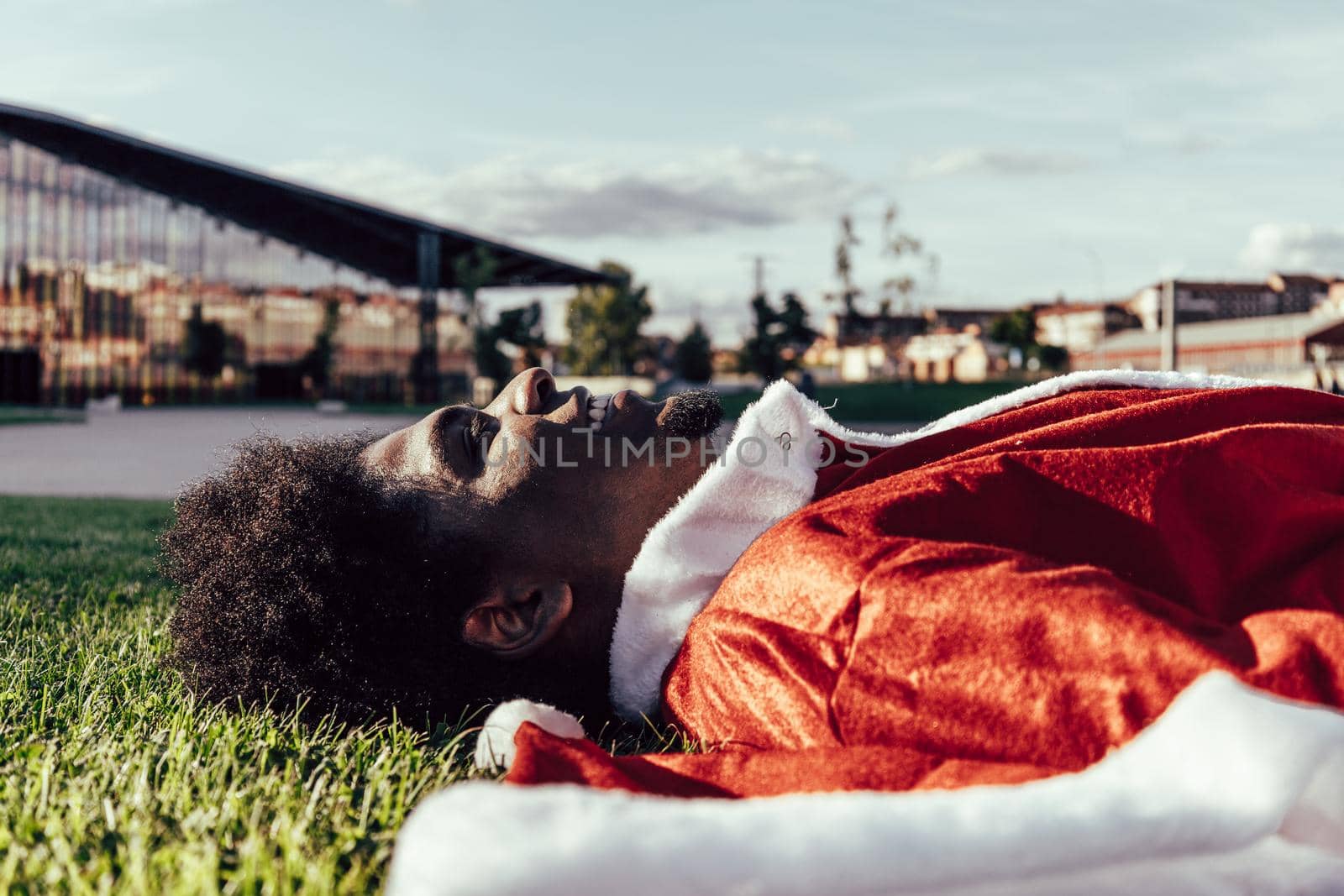 side closeup of african santa lying in the grass