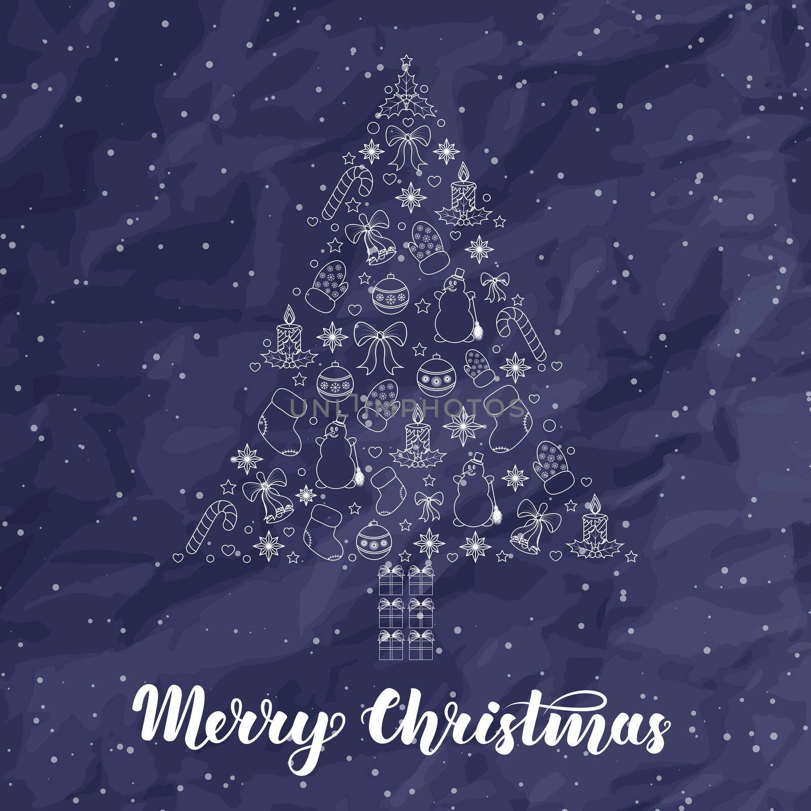 Abstract stylized christmas tree with white contour on dark blue background. illustration for greeting cards, invitations, gift wrapping and other thematic products by Marin4ik