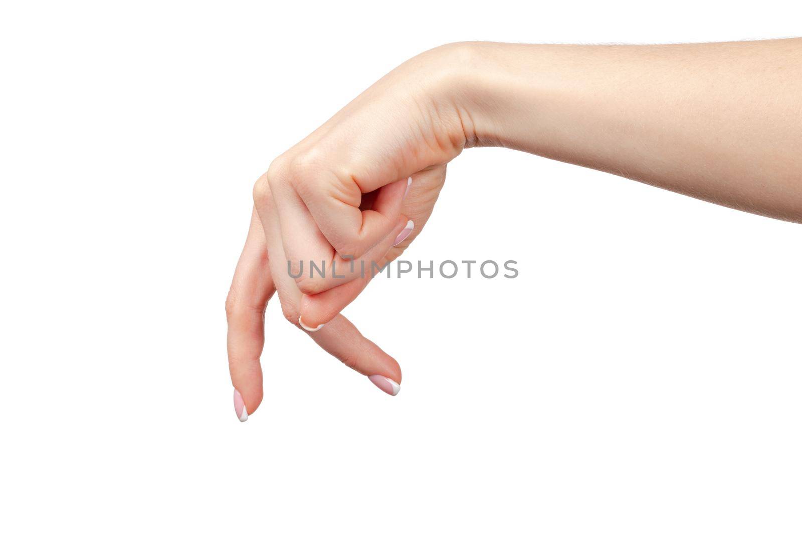 Female walking fingers isolated on white background, copy space