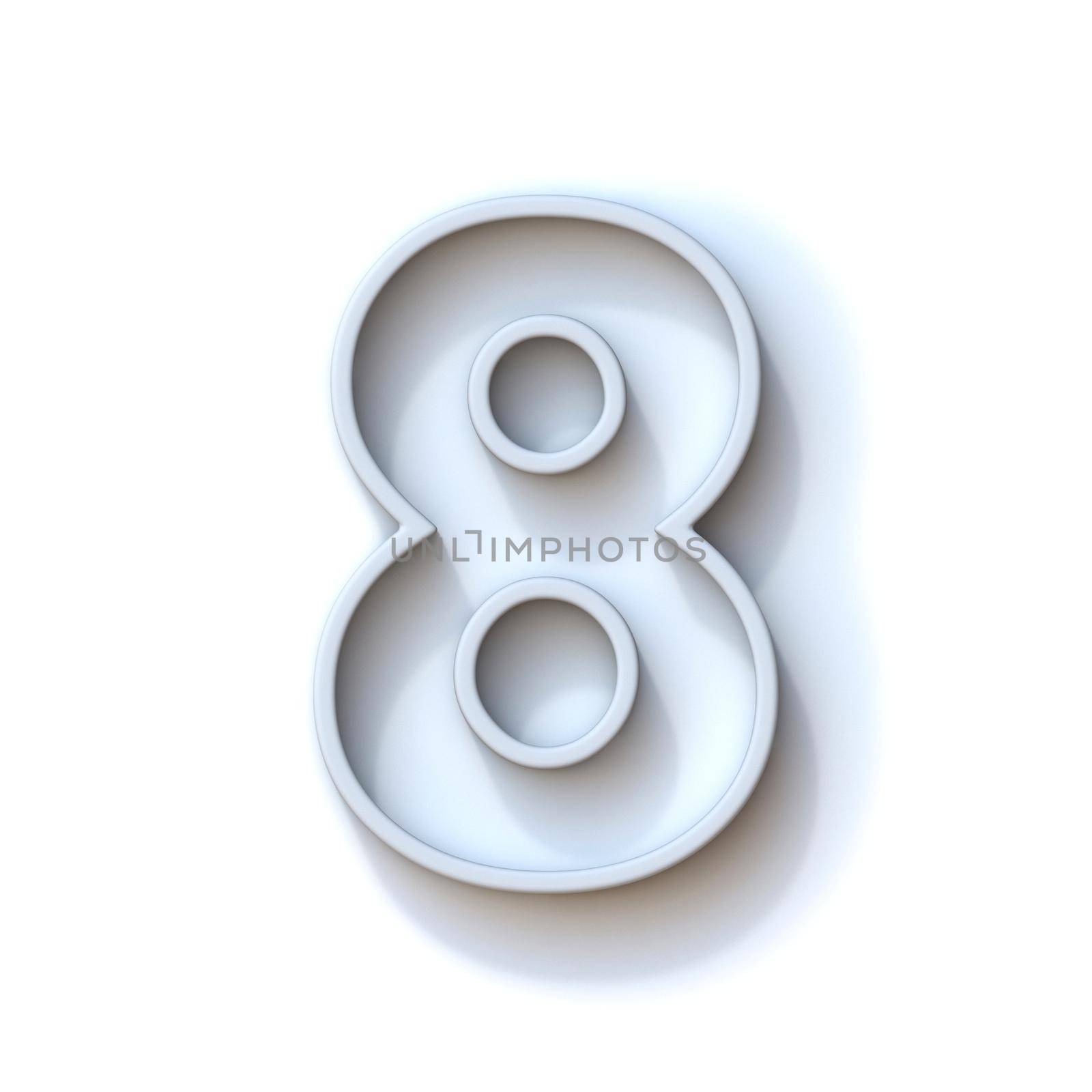 Grey extruded outlined font with shadow Number 8 EIGHT 3D rendering illustration isolated on white background